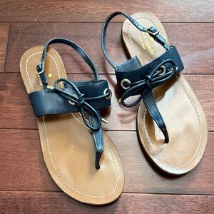 Kate Spade Carolina Navy Tan Open Toe T Strap Flat Sandals 8